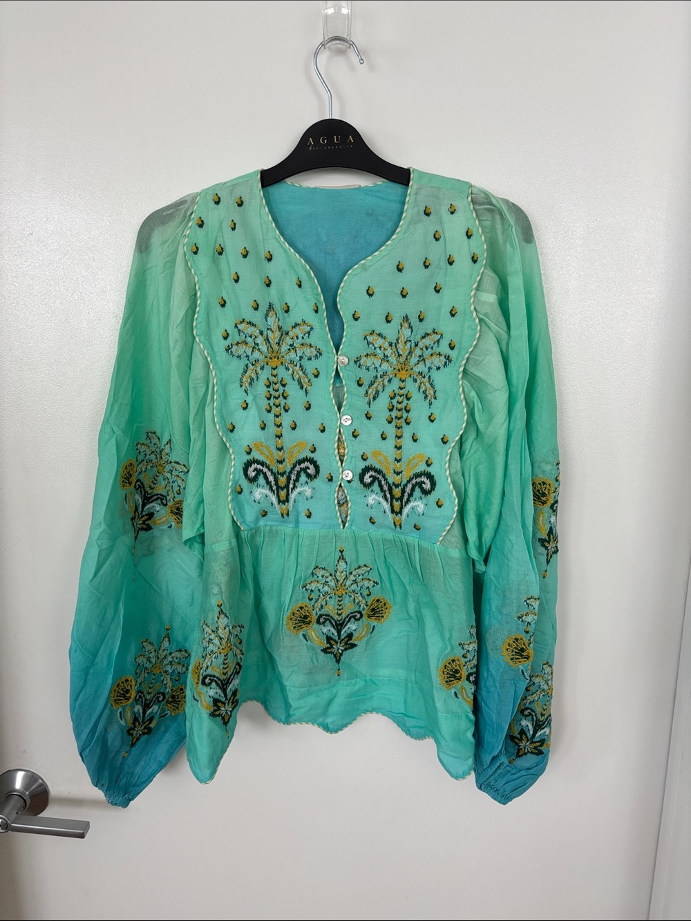 FARM RIO Brazilian Tropical Turquoise Palm Tree Tapestry Yoke Blouse - Picture 3 of 8